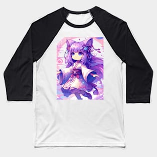 Otaku Cat Girl with Kimono in Magical Landscape. Baseball T-Shirt